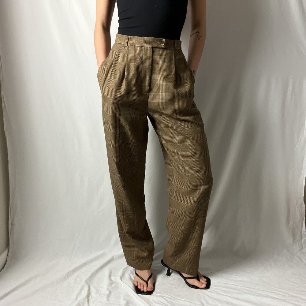 vintage tan brown houndstooth plaid high waisted pleated front trousers pants